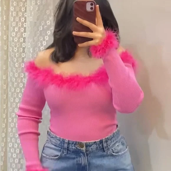 Pink Off-Shoulder Top Feather Trim These Three Boutique Valentines Day Top Med - Picture 6 of 6